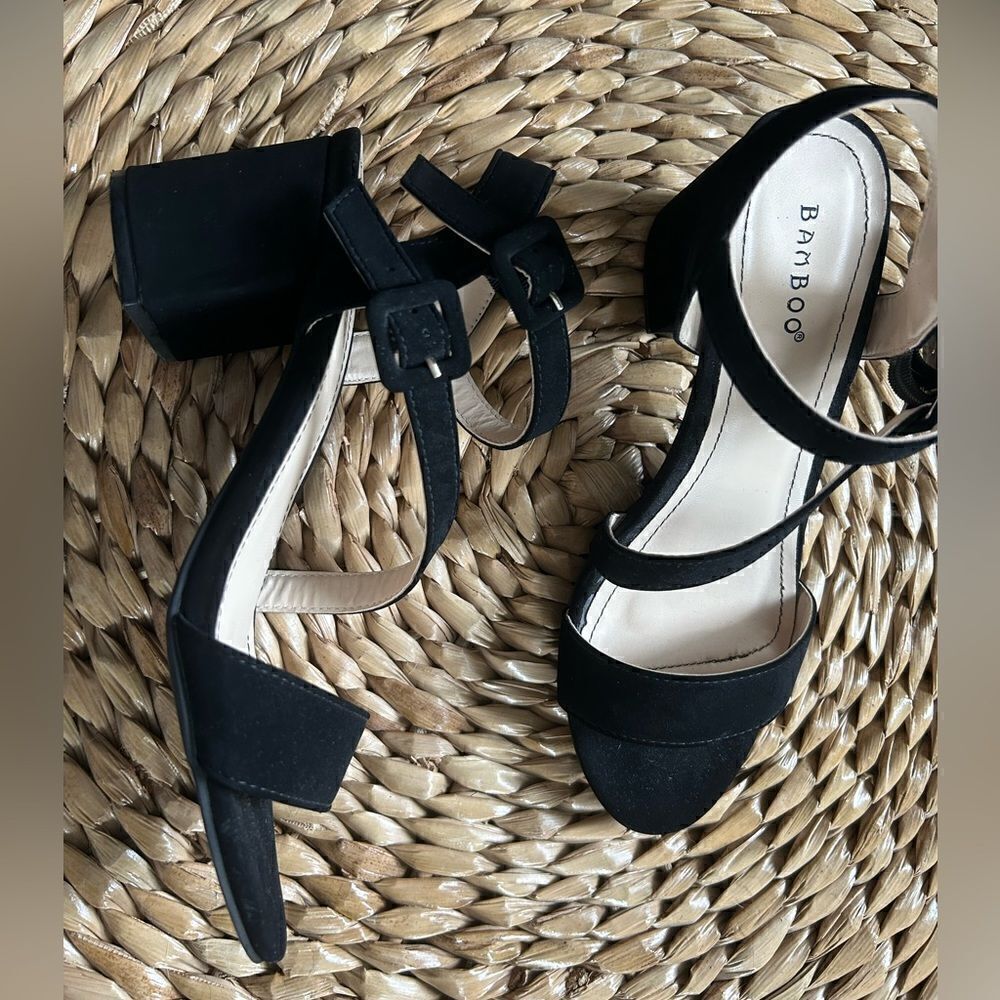 Bamboo Women’s Black Block Heel Sandal with Two Straps 2 Inch Heel Size 8.5